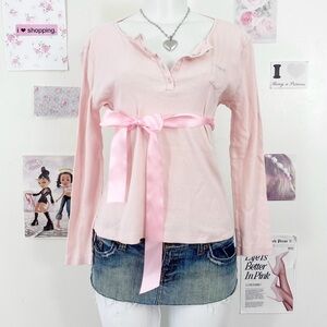 Y2K Ribbed Pink Henley Long Sleeve — Soft Girl Vintage 90s Aesthetic